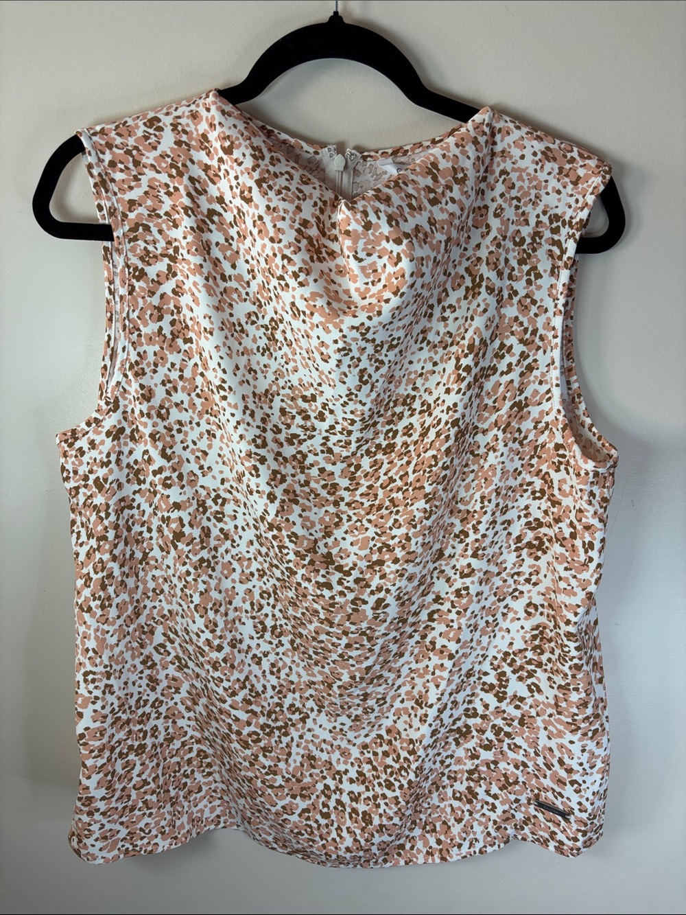 Calvin Klein Sleeveless Cowl Neck Camisole in White and Tan Spot Print